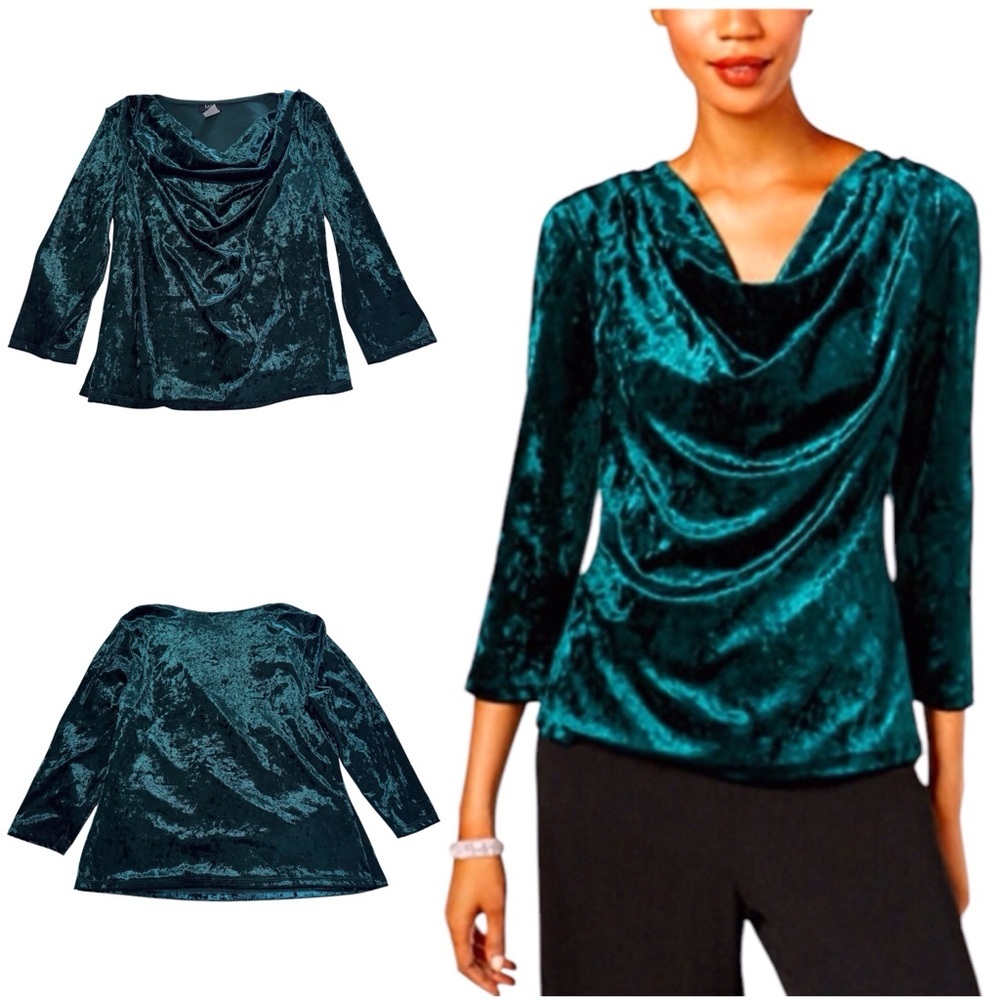 MSK Cowl-Neck Crushed Velvet Blouse in Green Size XLARGE